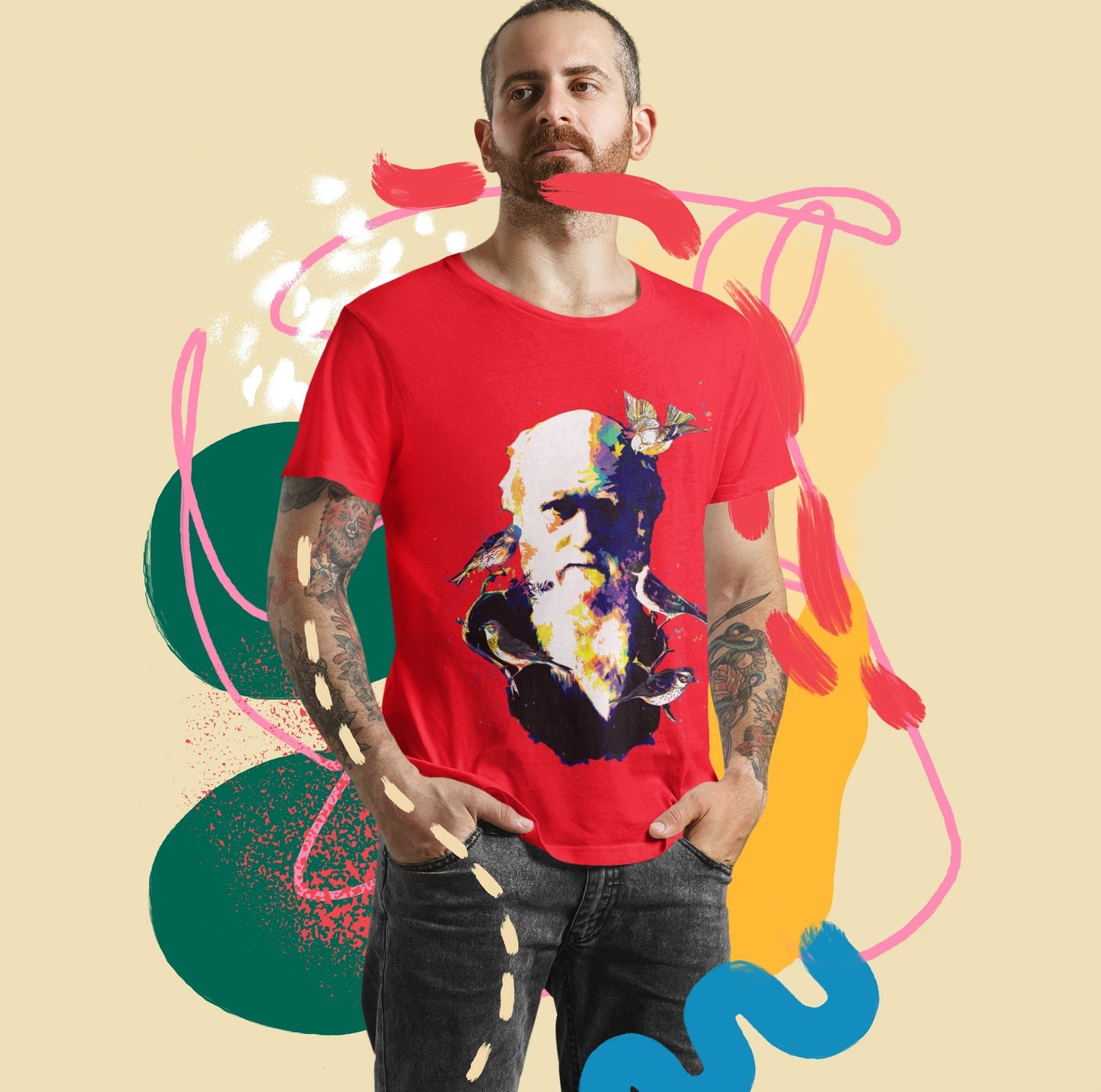 Charles Darwin e Tentilhões - PopArt - Masculino -camiseta- Editora Datum